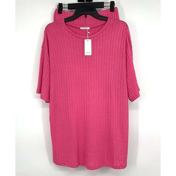 Ekouaer 2 Piece Lounge Set Pink Biker Shorts Shirt Ribbed Knit - Picture 4 of 12